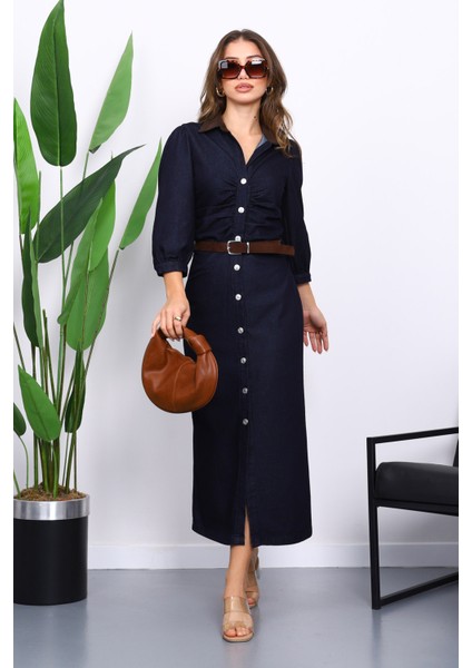 Lacivert Bel Büzgülü Kemerli Kot Elbise