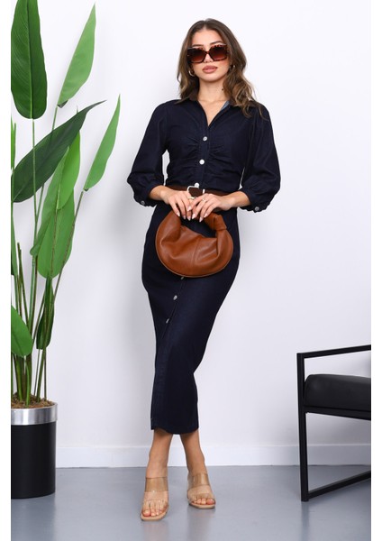 Lacivert Bel Büzgülü Kemerli Kot Elbise fiyatları