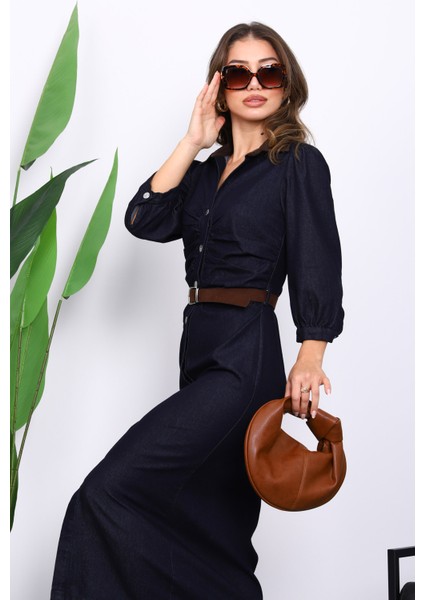 Lacivert Bel Büzgülü Kemerli Kot Elbise modelleri