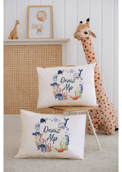 %100 Pamuk Isme Özel 2li Ekru Bebek Yastık Kılıfı 35X45 Cm-Deniz Canlıları
