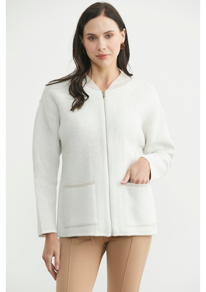 Fermuarlı Cep Detaylı Yünlü Triko Ceket - Kemik