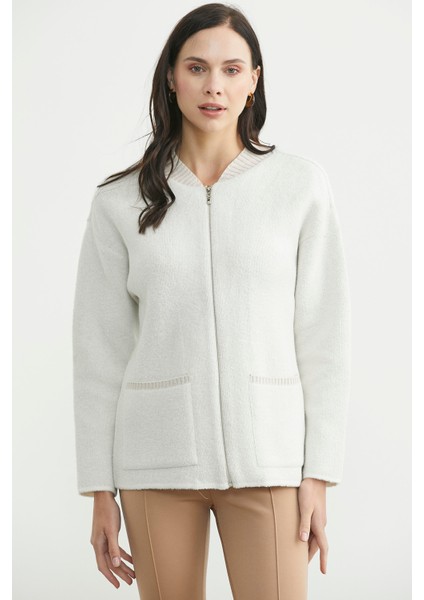 Fermuarlı Cep Detaylı Yünlü Triko Ceket - Kemik fiyatları