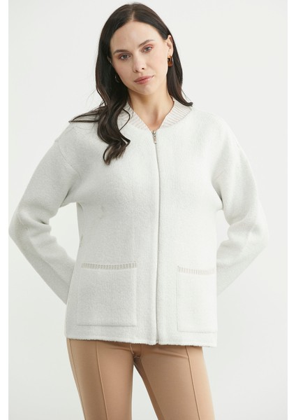 Fermuarlı Cep Detaylı Yünlü Triko Ceket - Kemik modelleri
