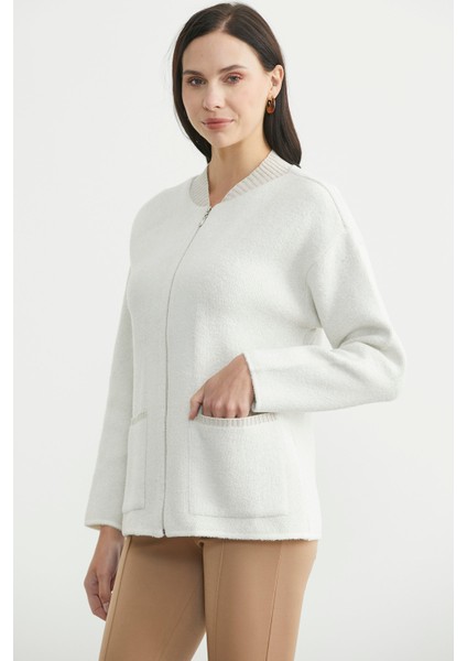 Fermuarlı Cep Detaylı Yünlü Triko Ceket - Kemik fırsatları