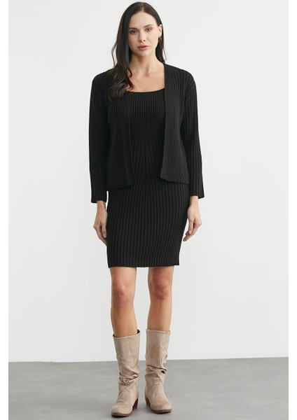 Ikili Elbise Hırka Triko Takım - Siyah