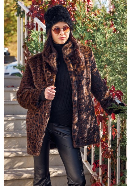 Büyük Beden Leopar Desenli Astarlı Kürk Kaban - Kahve