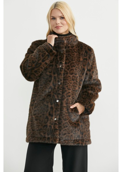 Büyük Beden Leopar Desenli Astarlı Kürk Kaban - Kahve fırsatları