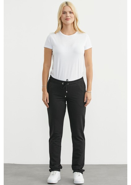 Taş Detaylı Cepli Eşofman Altı - Siyah