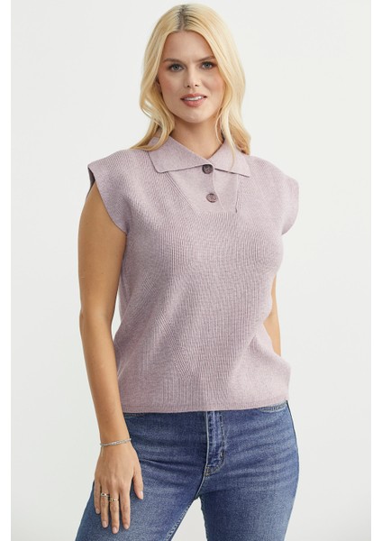 Şal Yaka Yarım Düğmeli Triko Süveter - Gül fiyatları