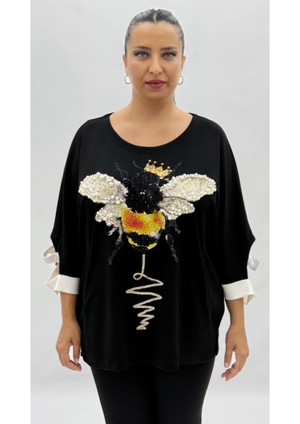 Büyük Beden Arı Motifli Taşlı Inci Detaylı Oversize Kısa Kol Kadın Tişört