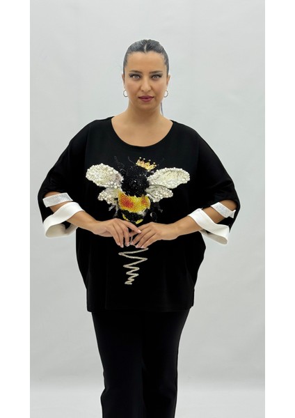 Büyük Beden Arı Motifli Taşlı Inci Detaylı Oversize Kısa Kol Kadın Tişört fiyatları