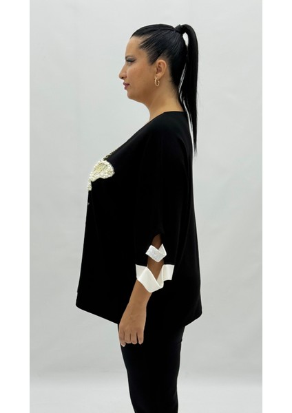 Büyük Beden Arı Motifli Taşlı Inci Detaylı Oversize Kısa Kol Kadın Tişört modelleri