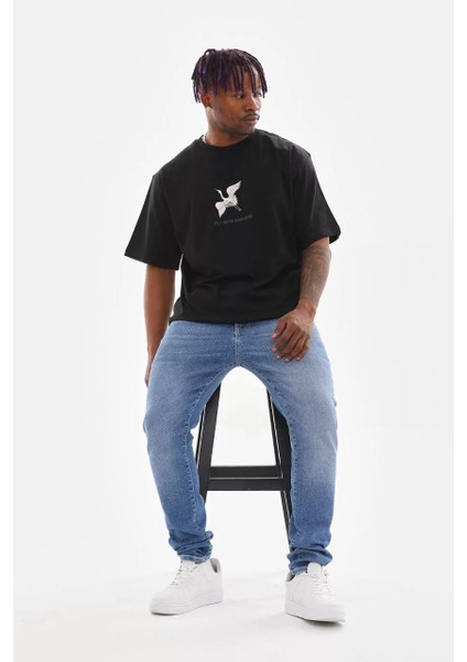 Unisex Baskılı Oversize T-Shirt - Siyah modelleri