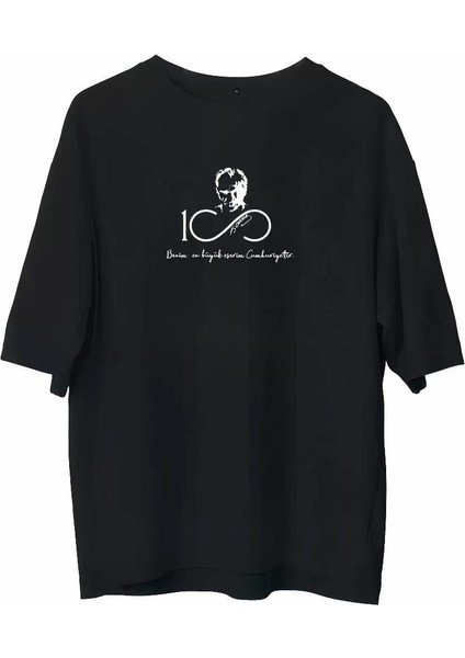 Unisex Bisiklet Yaka Baskılı Oversize T-Shirt - Siyah