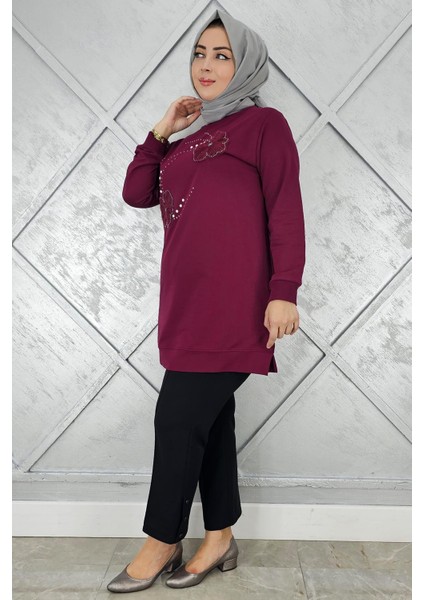 Kadın Dikme Çiçek ve Taş Detaylı Tesettür Tunik