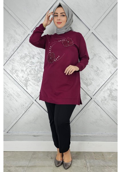 Kadın Dikme Çiçek ve Taş Detaylı Tesettür Tunik modelleri