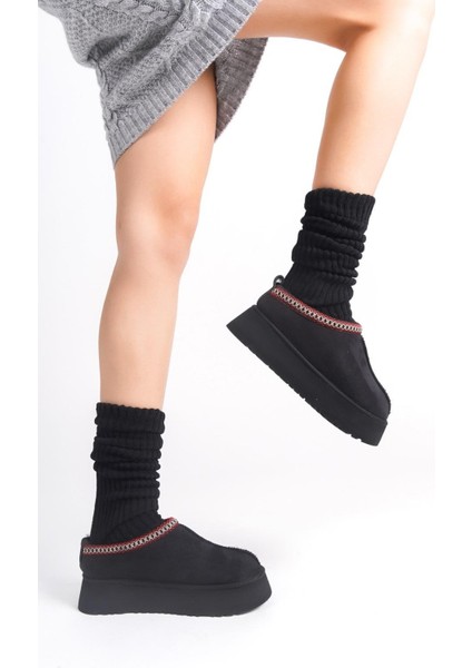 Kadın Rose Içi Tüylü Düz Taban Ayakkabı - Yarım Bot Siyah