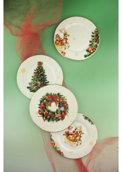 New Christmas 4 Parça Altın Yaldızlı Porselen Servis Tabağı