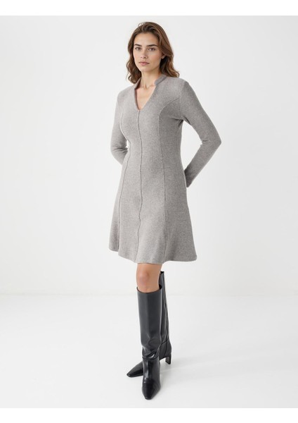 Antrasit Melanj V Yaka Uzun Kollu Yumuşak Dokulu Mini Elbise