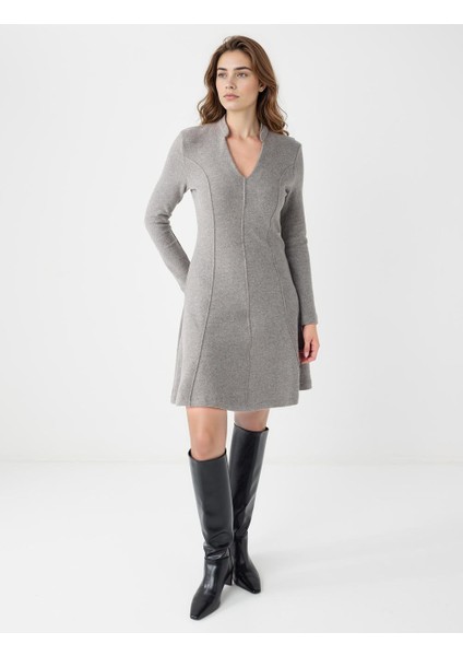 Antrasit Melanj V Yaka Uzun Kollu Yumuşak Dokulu Mini Elbise fiyatları