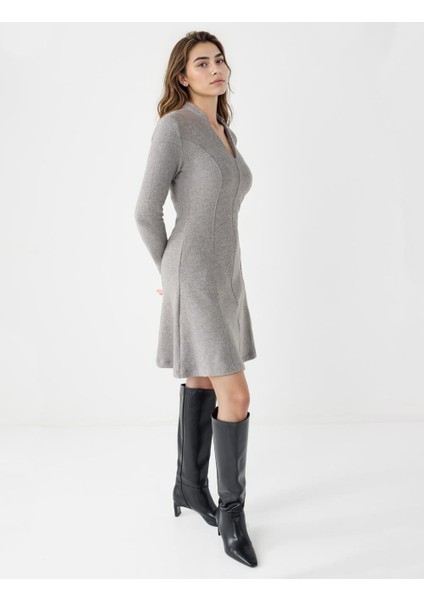 Antrasit Melanj V Yaka Uzun Kollu Yumuşak Dokulu Mini Elbise modelleri