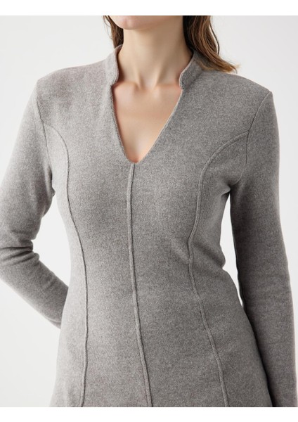 Antrasit Melanj V Yaka Uzun Kollu Yumuşak Dokulu Mini Elbise fırsatları