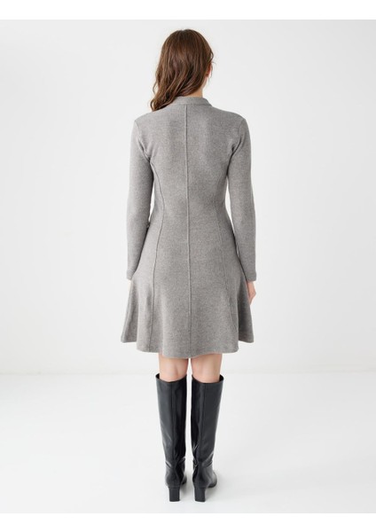 Antrasit Melanj V Yaka Uzun Kollu Yumuşak Dokulu Mini Elbise indirimleri