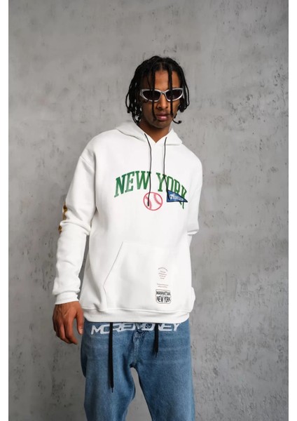 Erkek Baskılı Kapüşonlu Sweatshirt - Beyaz modelleri