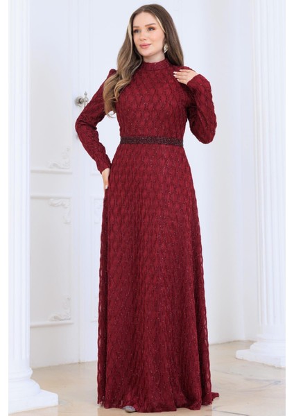 Lina Tesettür Abiye Elbise Bordo modelleri