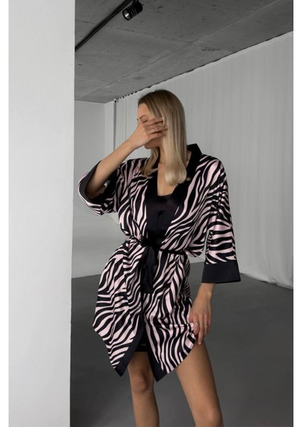 Pudra Siyah Leopar Dijital Baskılı Gecelik & Pudra Siyah M