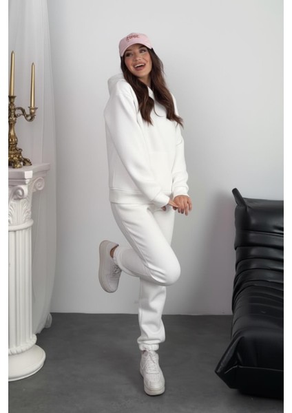 Kadın 3 Iplik Şardonlu Kapşonlu Sweatshirt Paçası Lastikli Beyaz Eşofman Takımı