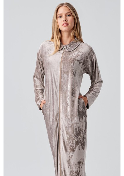 Uzun Kollu Fermuarlı Cepli Esnek Viskoz Kadife Elbise indirimleri