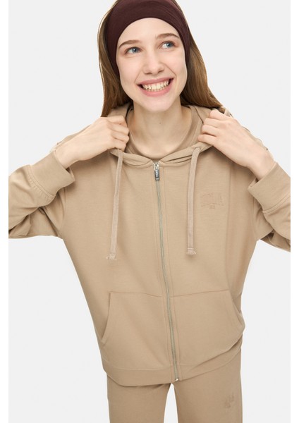 Allura Koyu Bej Kapüşonlu Gofre Baskı Loose Fit Kadın Sweatshirt fiyatları