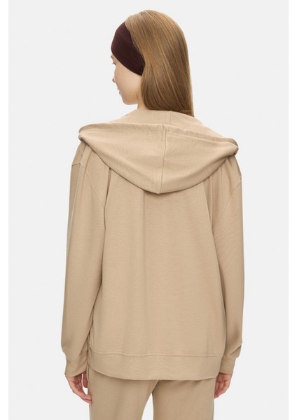 Allura Koyu Bej Kapüşonlu Gofre Baskı Loose Fit Kadın Sweatshirt modelleri