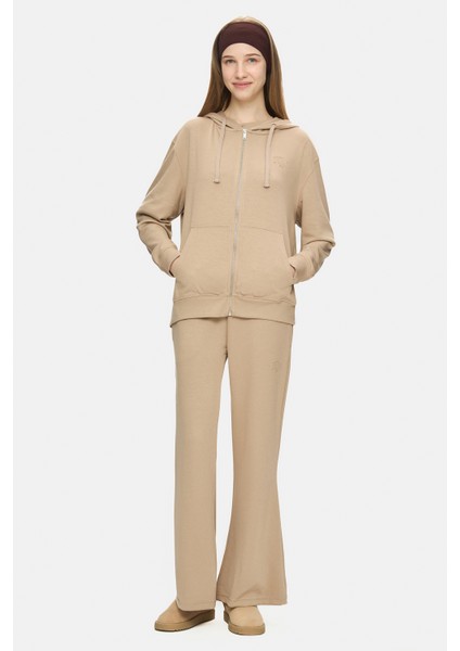 Allura Koyu Bej Kapüşonlu Gofre Baskı Loose Fit Kadın Sweatshirt fırsatları