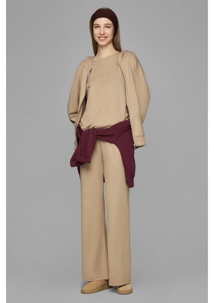 Allura Koyu Bej Kapüşonlu Gofre Baskı Loose Fit Kadın Sweatshirt indirimleri