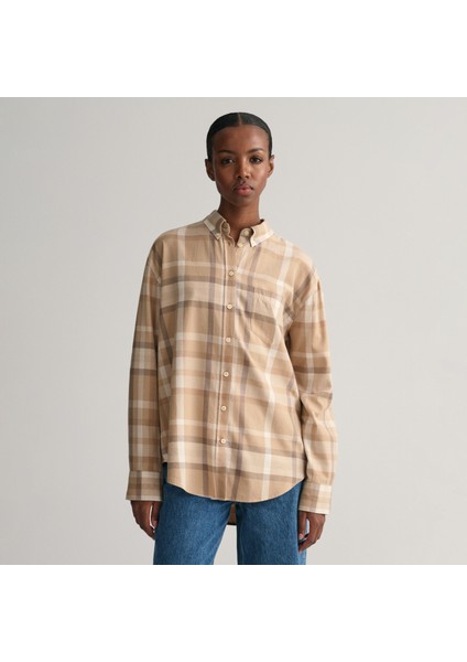 Kadın Kahverengi Relaxed Fit Düğmeli Yaka Kareli Gömlek