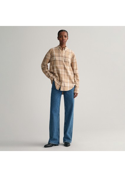 Kadın Kahverengi Relaxed Fit Düğmeli Yaka Kareli Gömlek fiyatları