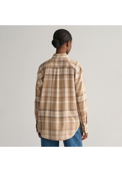 Kadın Kahverengi Relaxed Fit Düğmeli Yaka Kareli Gömlek modelleri