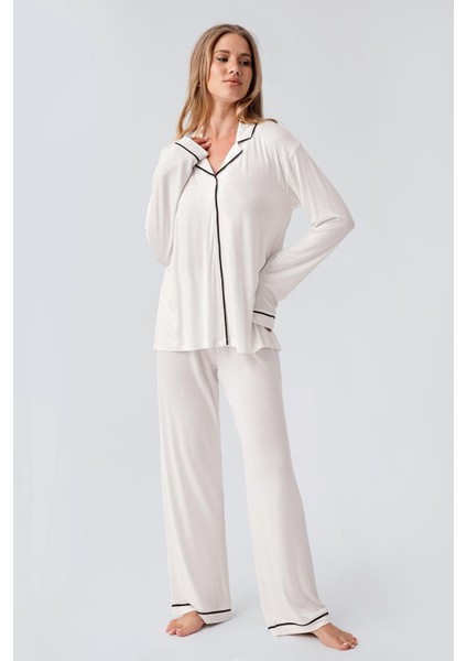 Uzun Kollu Düğmeli Esnek Viskoz Pijama Takım 18207