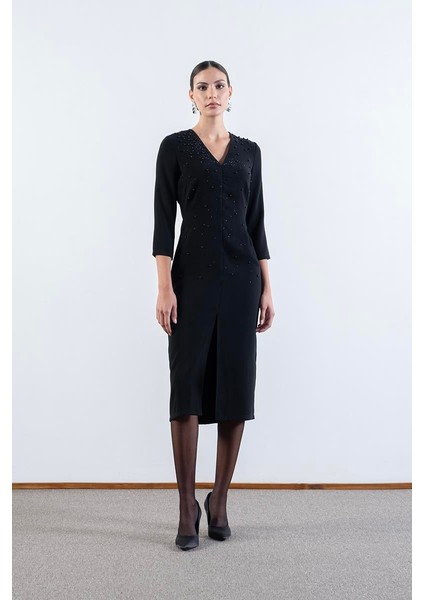 Eriberta V Yaka Önü Boncuk Taş Işlemeli Midi Abiye Elbise Siyah