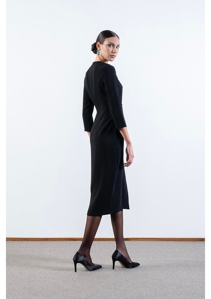 Eriberta V Yaka Önü Boncuk Taş Işlemeli Midi Abiye Elbise Siyah modelleri