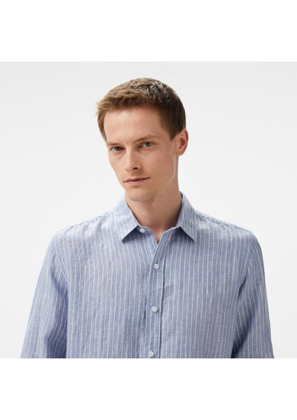 Erkek Mavi Classic Fit Çizgili Keten Gömlek fırsatları
