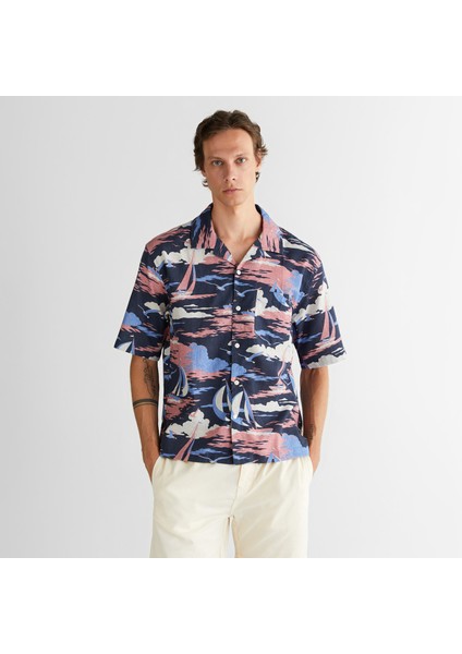 Erkek Lacivert Relaxed Fit Klasik Yaka Desenli Gömlek