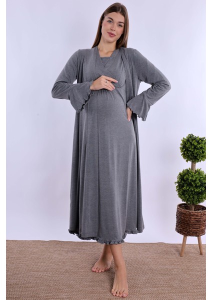 Füme Sabahlıklı Hamile Lohusa Gecelik Takım