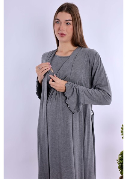 Füme Sabahlıklı Hamile Lohusa Gecelik Takım