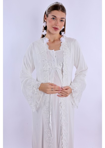 Ekru Sabahlıklı Hamile Lohusa Gecelik Takım fiyatları