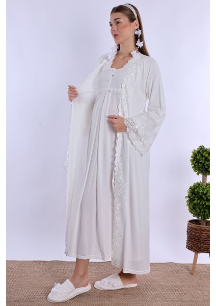 Ekru Sabahlıklı Hamile Lohusa Gecelik Takım fırsatları