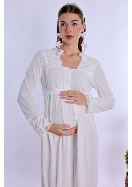 Ekru Sabahlıklı Hamile Lohusa Gecelik Takım