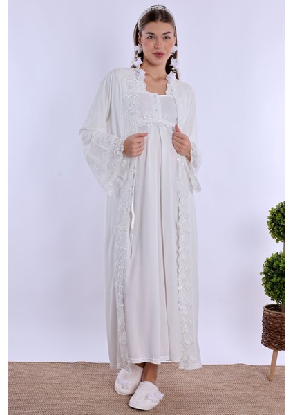 Ekru Sabahlıklı Hamile Lohusa Gecelik Takım